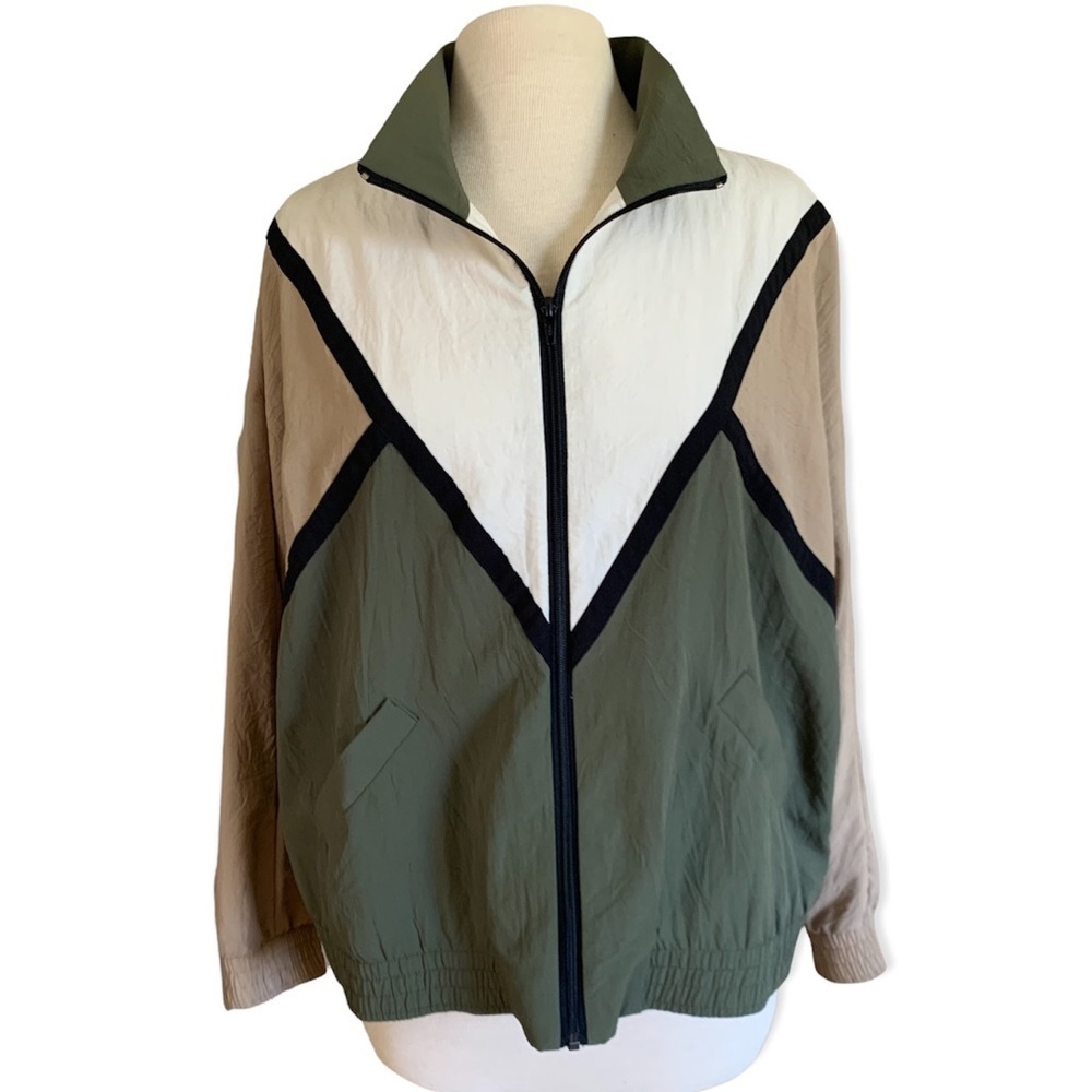 ALFRED DUNNER 16 Petite Green Beige White Zip Up Long Sleeve Jacket